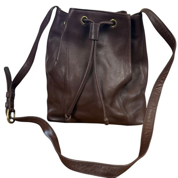 Nine West Vintage Y2K 90s Brown Genuine Leather Bucket Drawstring Bag Purse - Picture 1 of 16